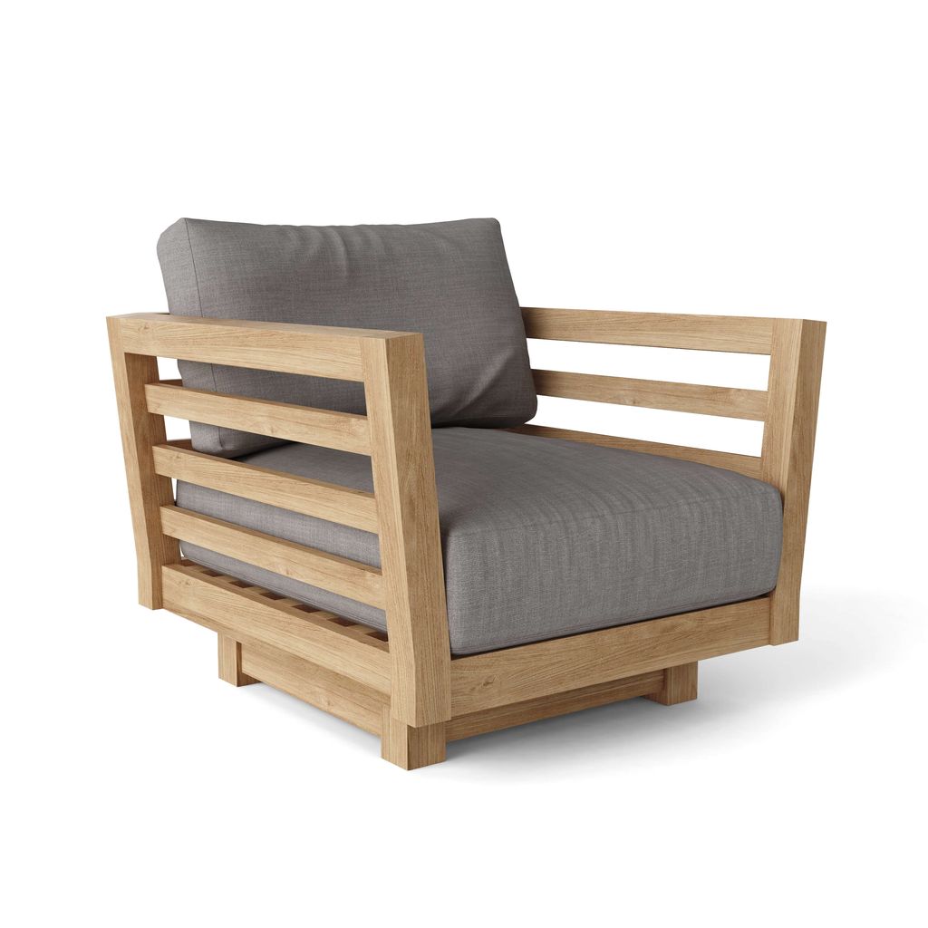 Wooden armchair with gray cushions on a white background