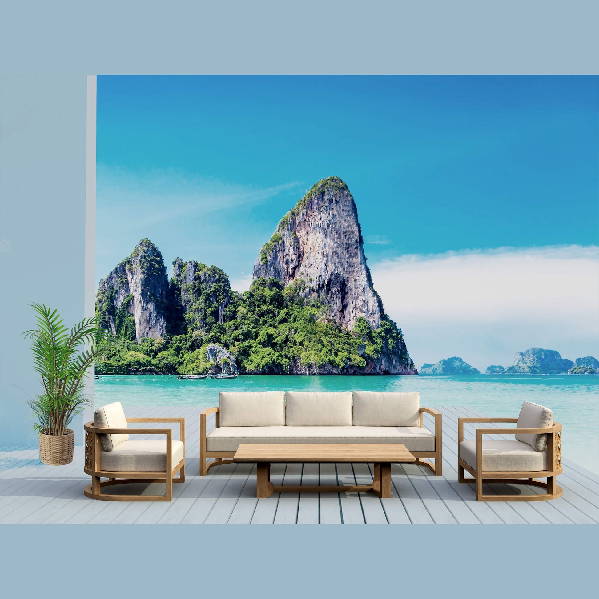 Anderson Teak Junus 4-Piece Teak Deep Seating Set - sofa, lounge chairs and coffee table on patio
