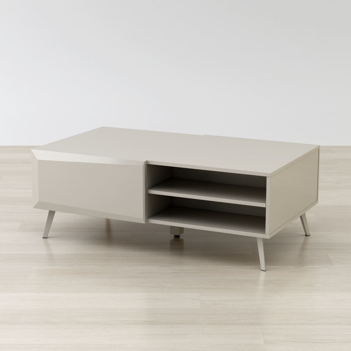 Beige TV stand with a shelf on a white background