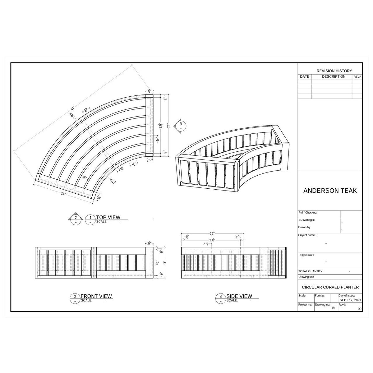 Technical drawing of a circular curved planter with dimensions and views labeled.