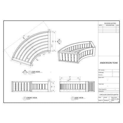 Technical drawing of a circular curved planter with dimensions and views labeled.