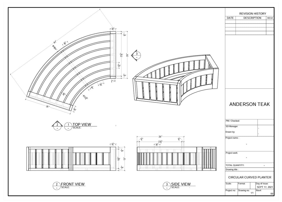 Technical drawing of a circular curved planter with dimensions and views labeled.