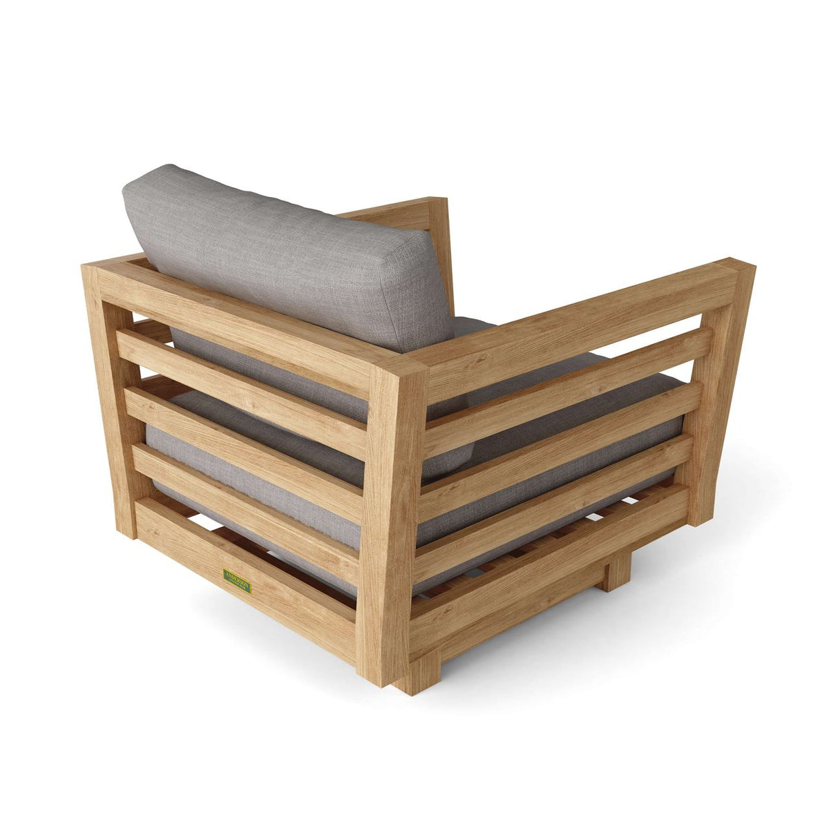 Wooden outdoor chair with a gray cushion on a white background