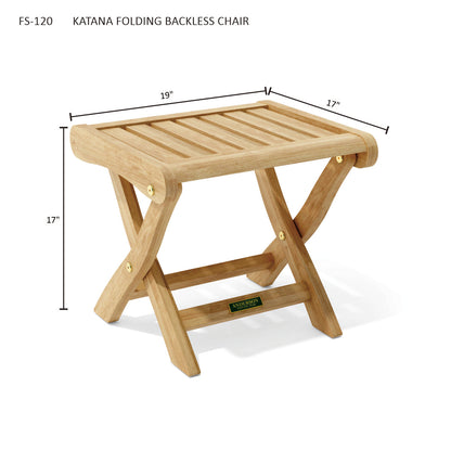 Wooden folding backless chair with dimensions on a white background