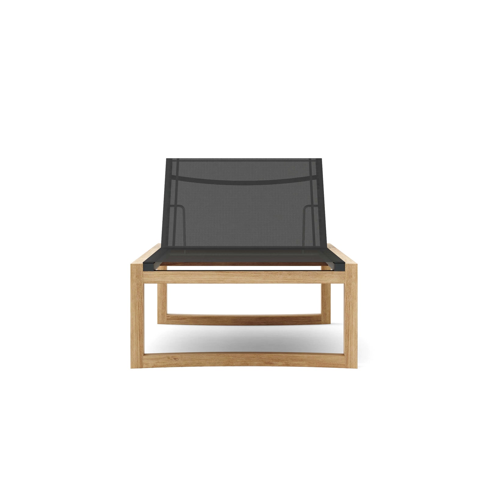 Modern outdoor chair with black mesh backrest and wooden frame on a white background