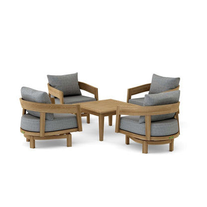 Outdoor furniture set with wooden chairs and table on a white background