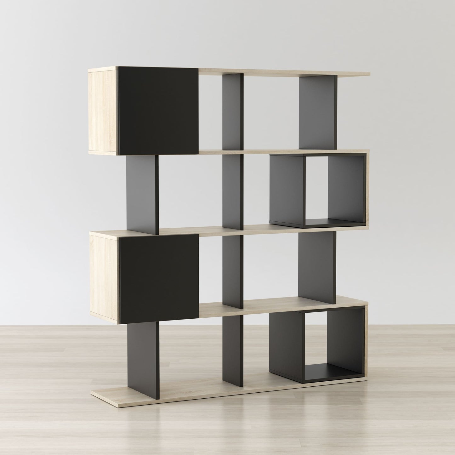 Modern bookshelf with black and beige design on a plain background