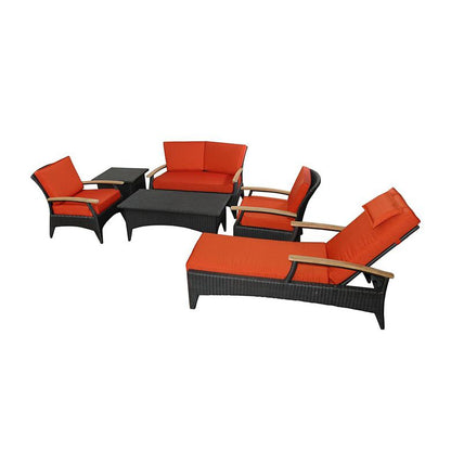 Outdoor furniture set with orange cushions and black frames on a white background
