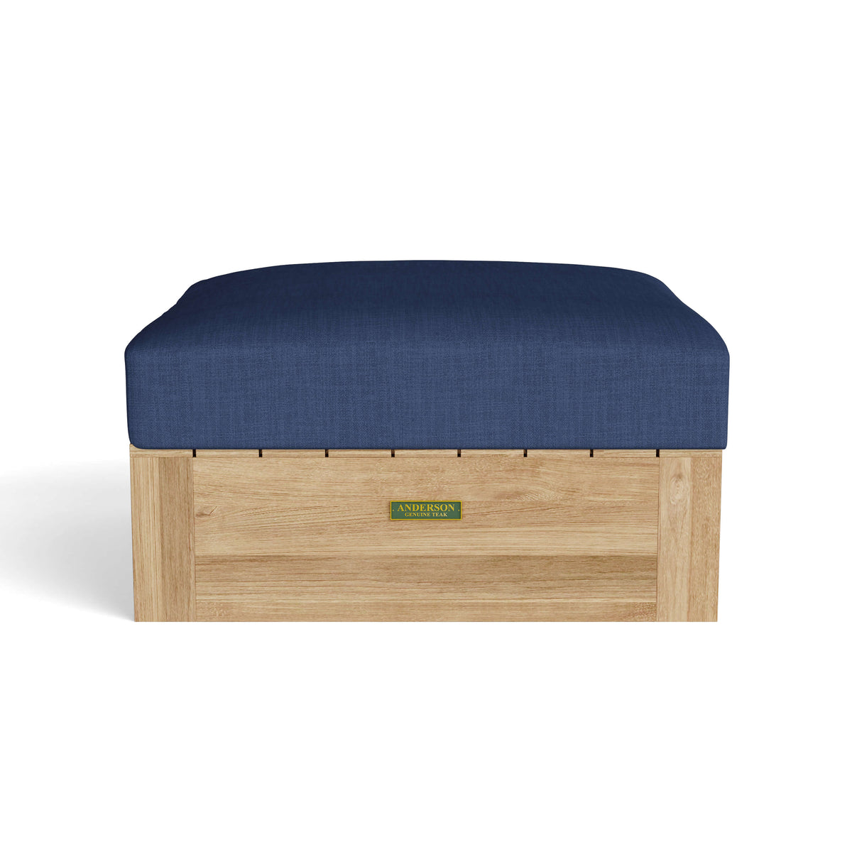 Wooden ottoman with a blue cushion on a white background