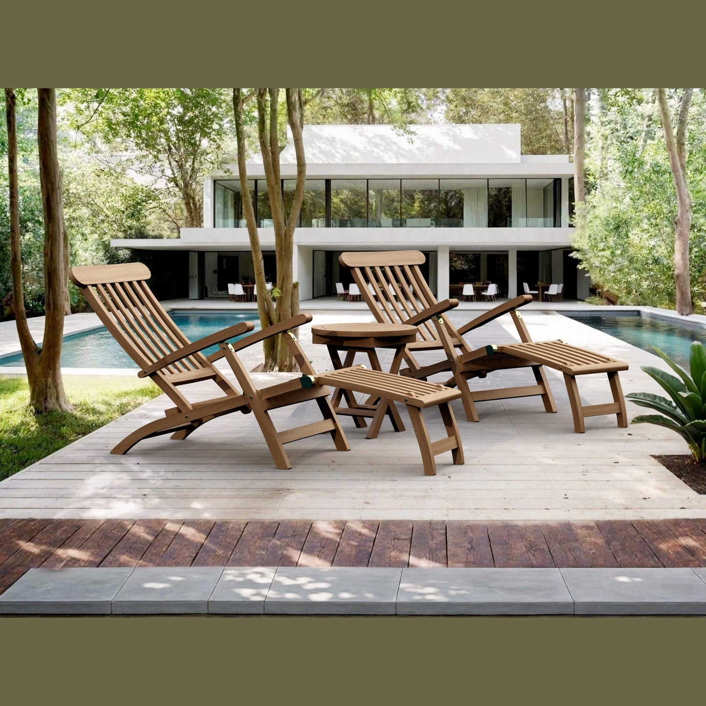 Wooden lounge chairs on a wooden deck by a pool with a modern house in the background.
