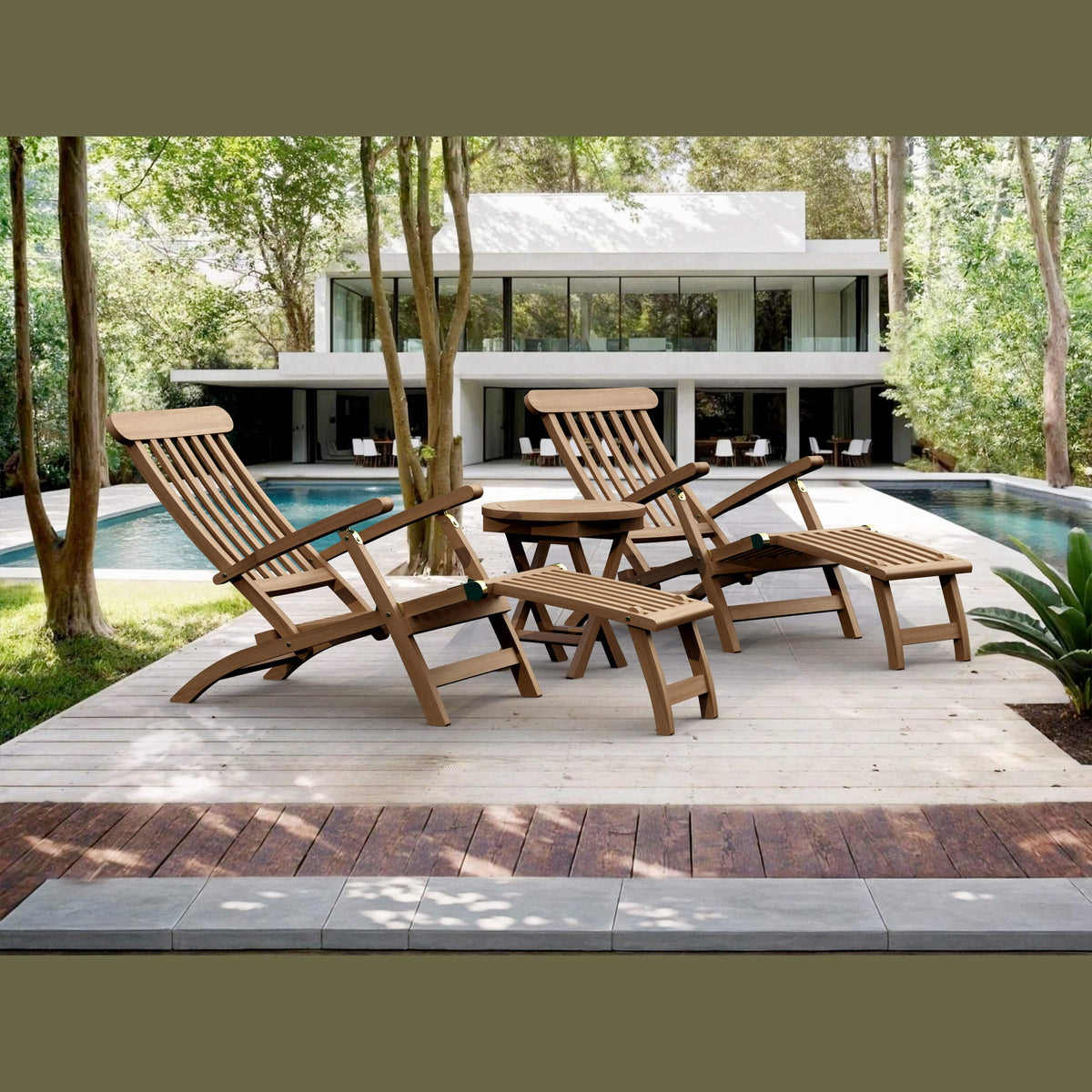 Wooden lounge chairs on a wooden deck by a pool with a modern house in the background.