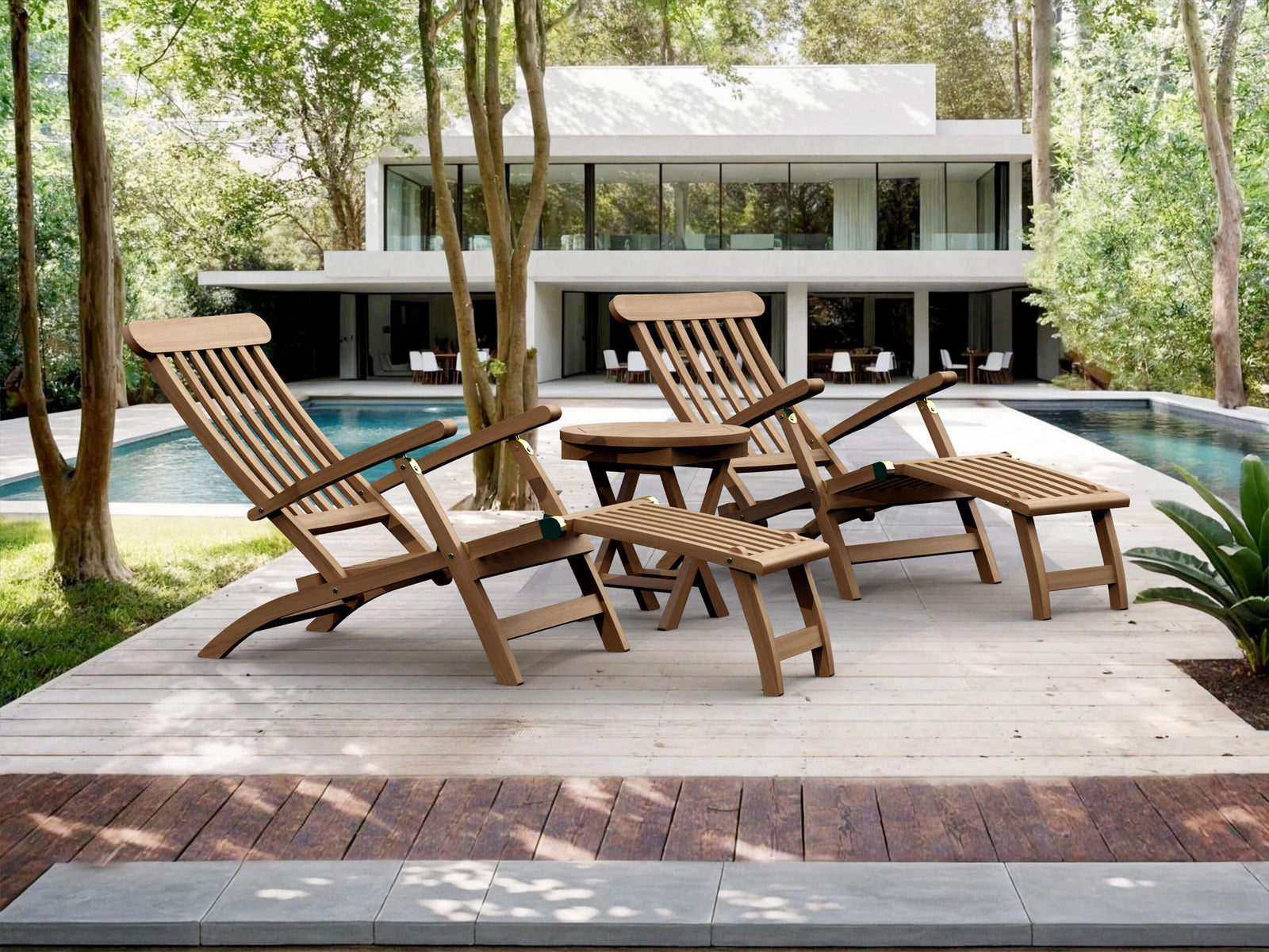 Wooden lounge chairs on a wooden deck by a pool with a modern house in the background.