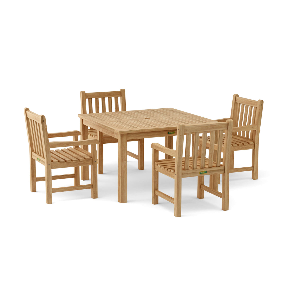 Wooden dining set with a table and four chairs on a white background