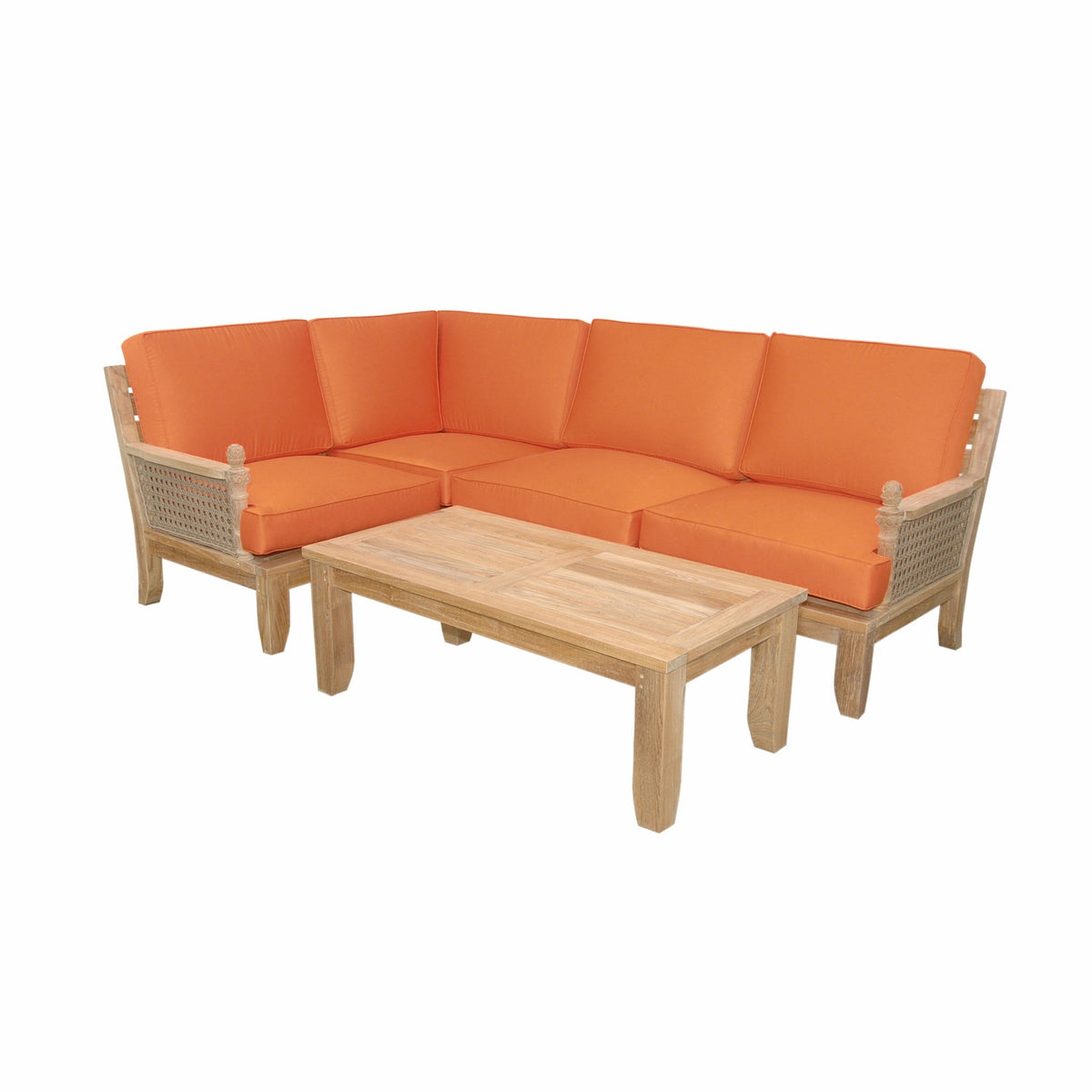 Sectional outdoor sofa with orange cushions and a wooden coffee table on a white background
