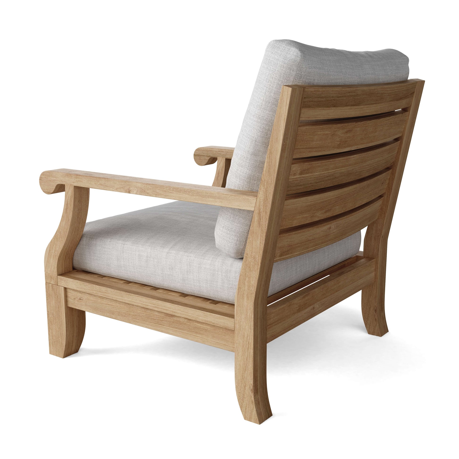 Wooden armchair with gray cushions on a white background