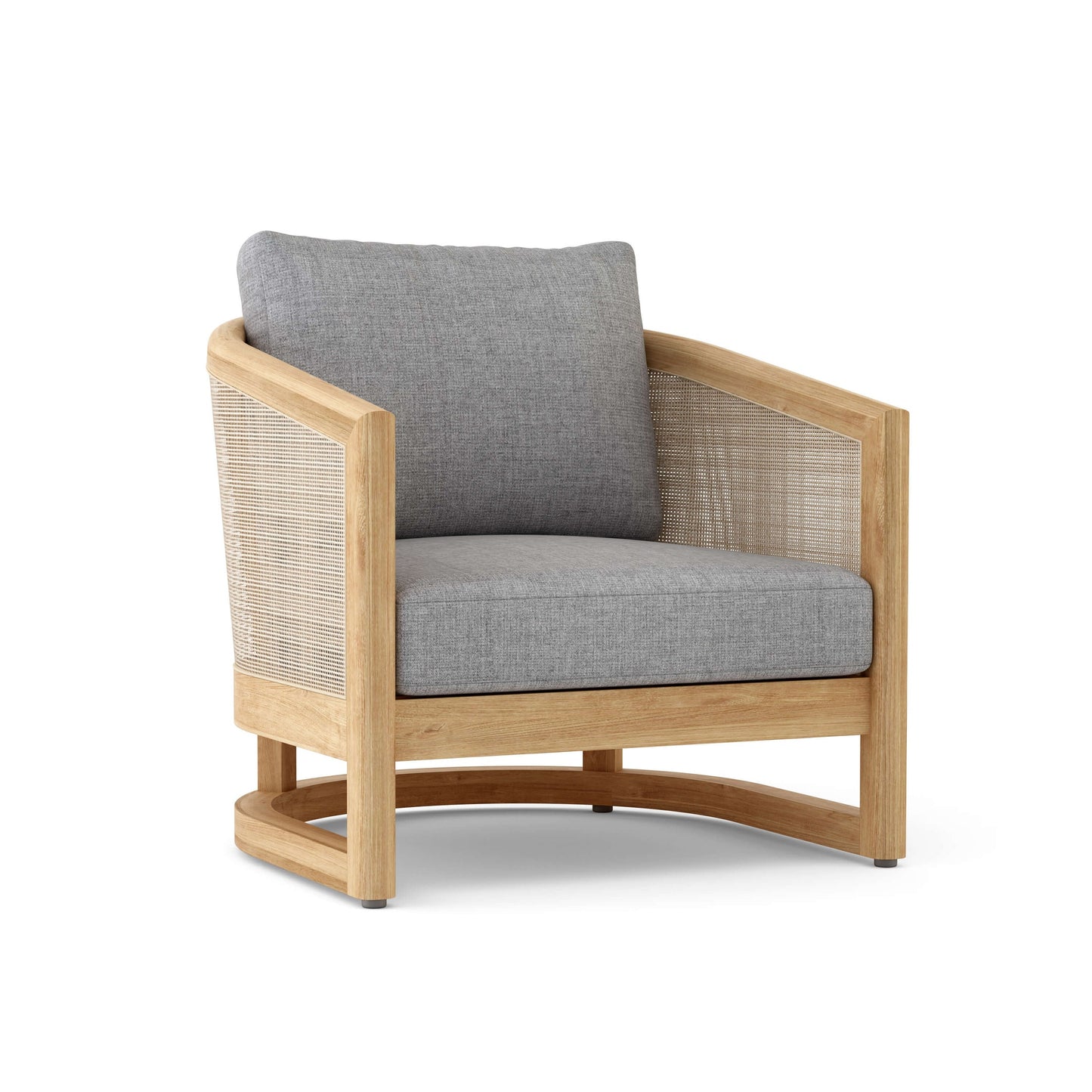 Wooden armchair with gray cushion on a white background