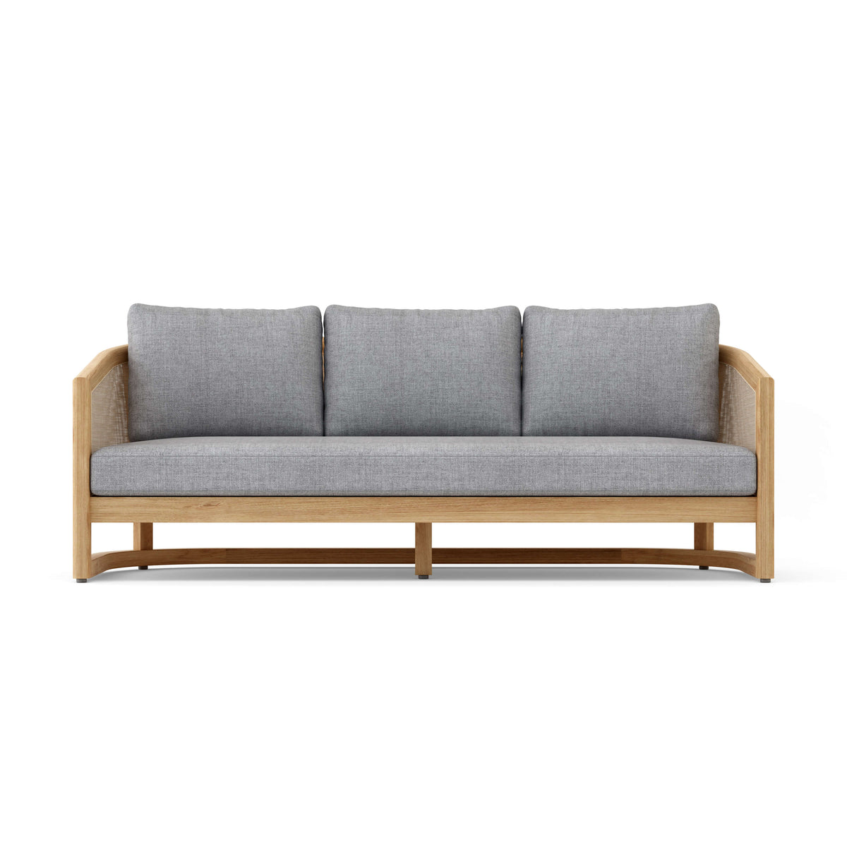 Three-seater sofa with gray cushions and wooden frame on a white background