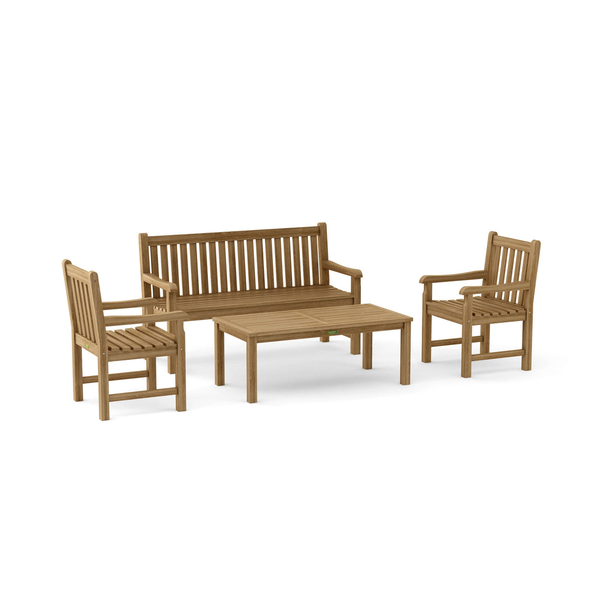 Wooden outdoor furniture set with a bench and chairs on a white background