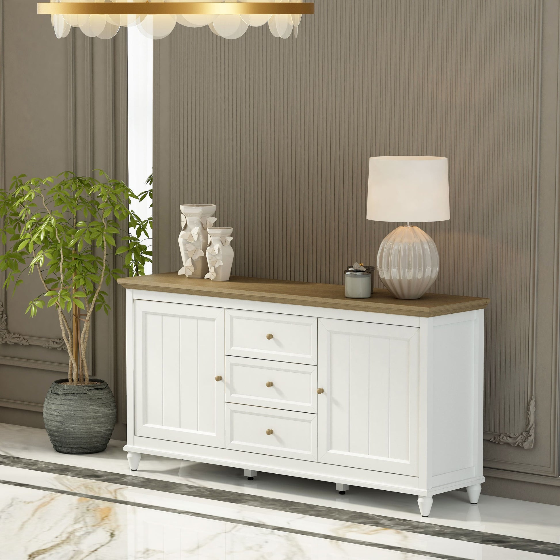 White sideboard with wooden top in a room with decorative elements.