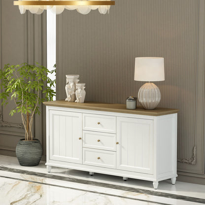 White sideboard with wooden top in a room with decorative elements.