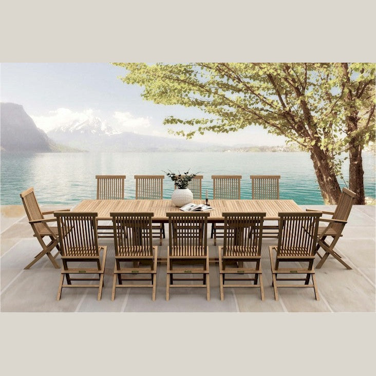 Wooden outdoor dining set with chairs by a scenic waterfront.