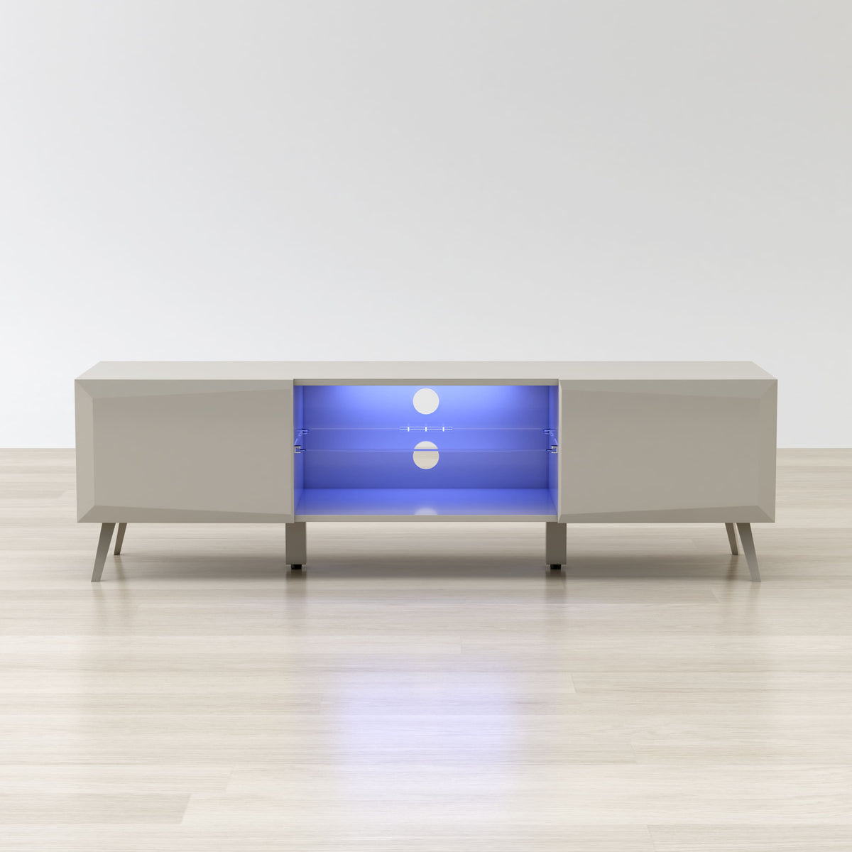 Modern white sideboard with blue light inside on a wooden floor.