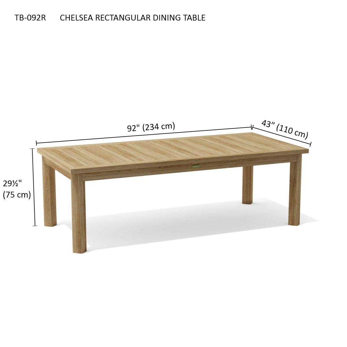 Wooden dining table with dimensions labeled on a white background