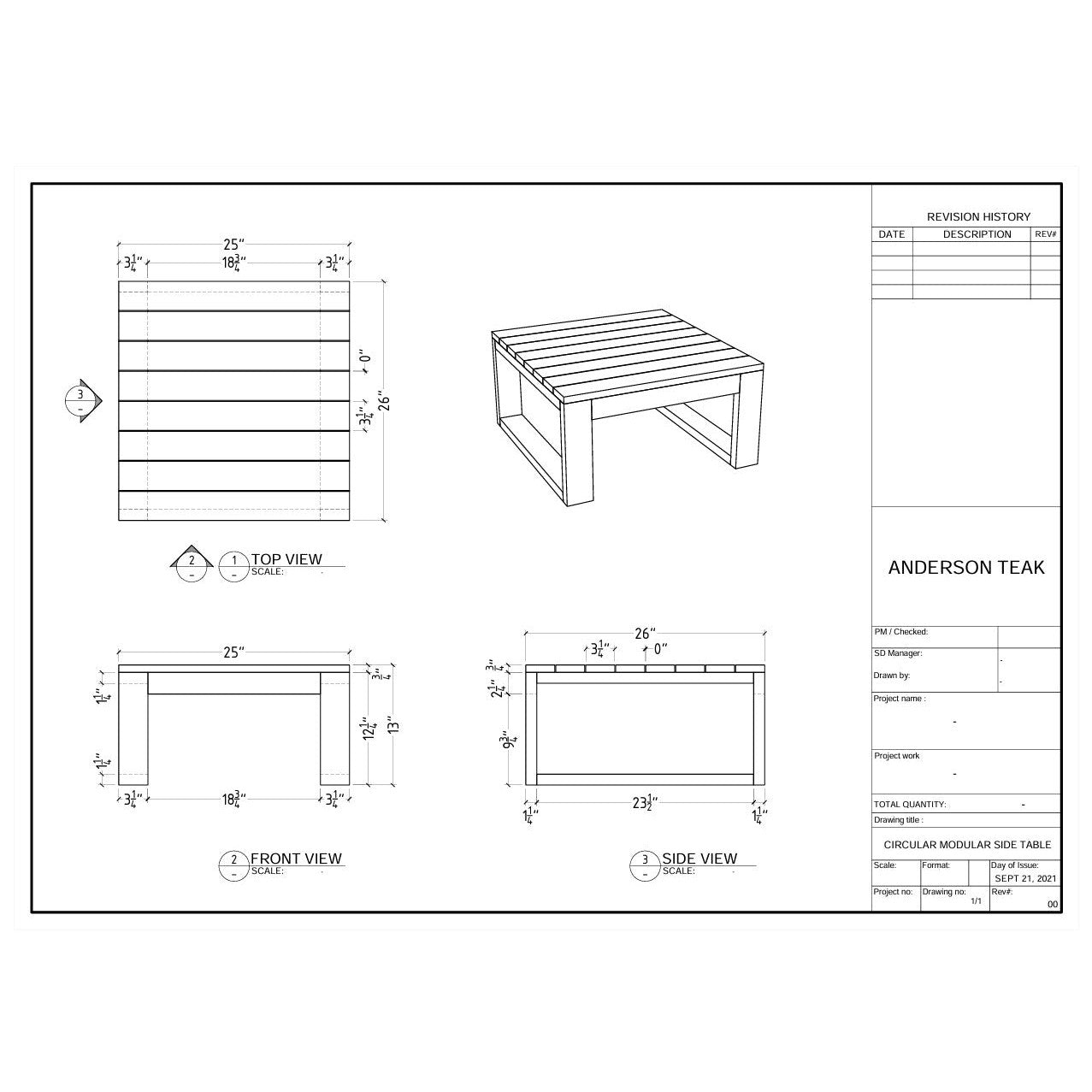 Technical drawing of a circular modular side table with dimensions labeled.