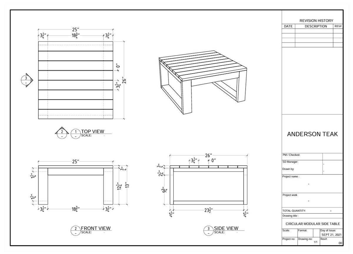 Technical drawing of a circular modular side table with dimensions labeled.