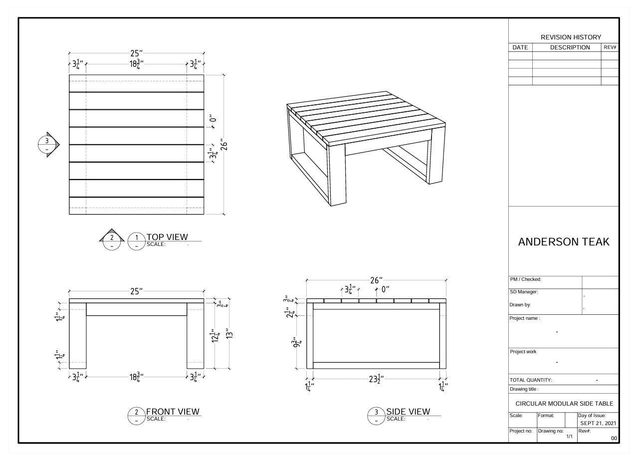 Technical drawing of a circular modular side table with dimensions labeled.