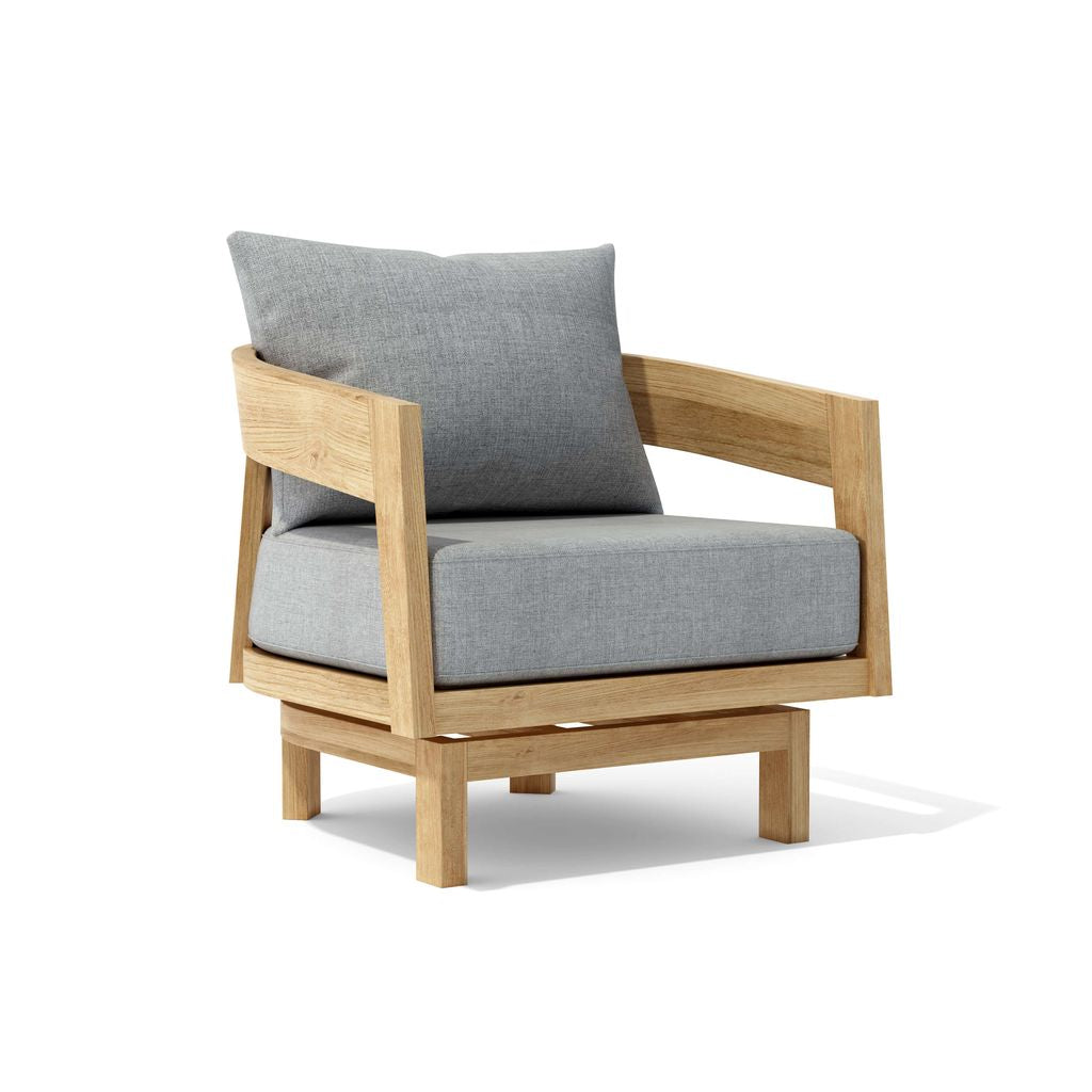 Wooden armchair with gray cushions on a white background