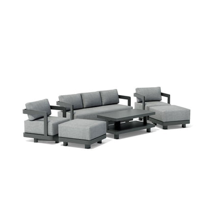 Gray outdoor sofa set with ottoman and table on a white background