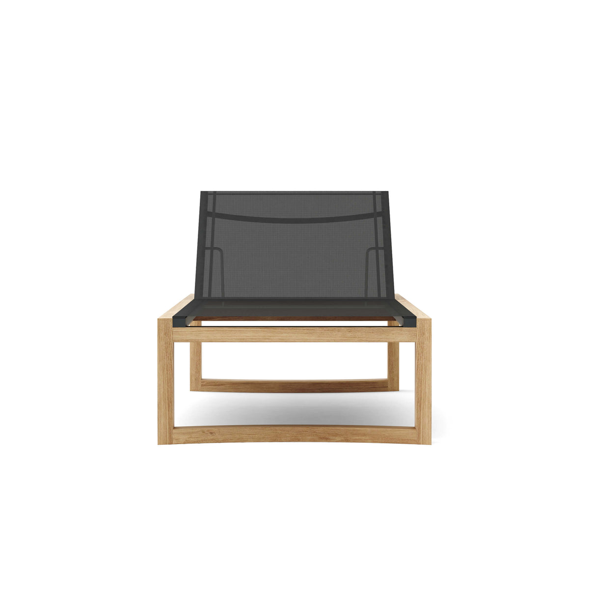 Modern outdoor chair with black mesh backrest and wooden frame on a white background