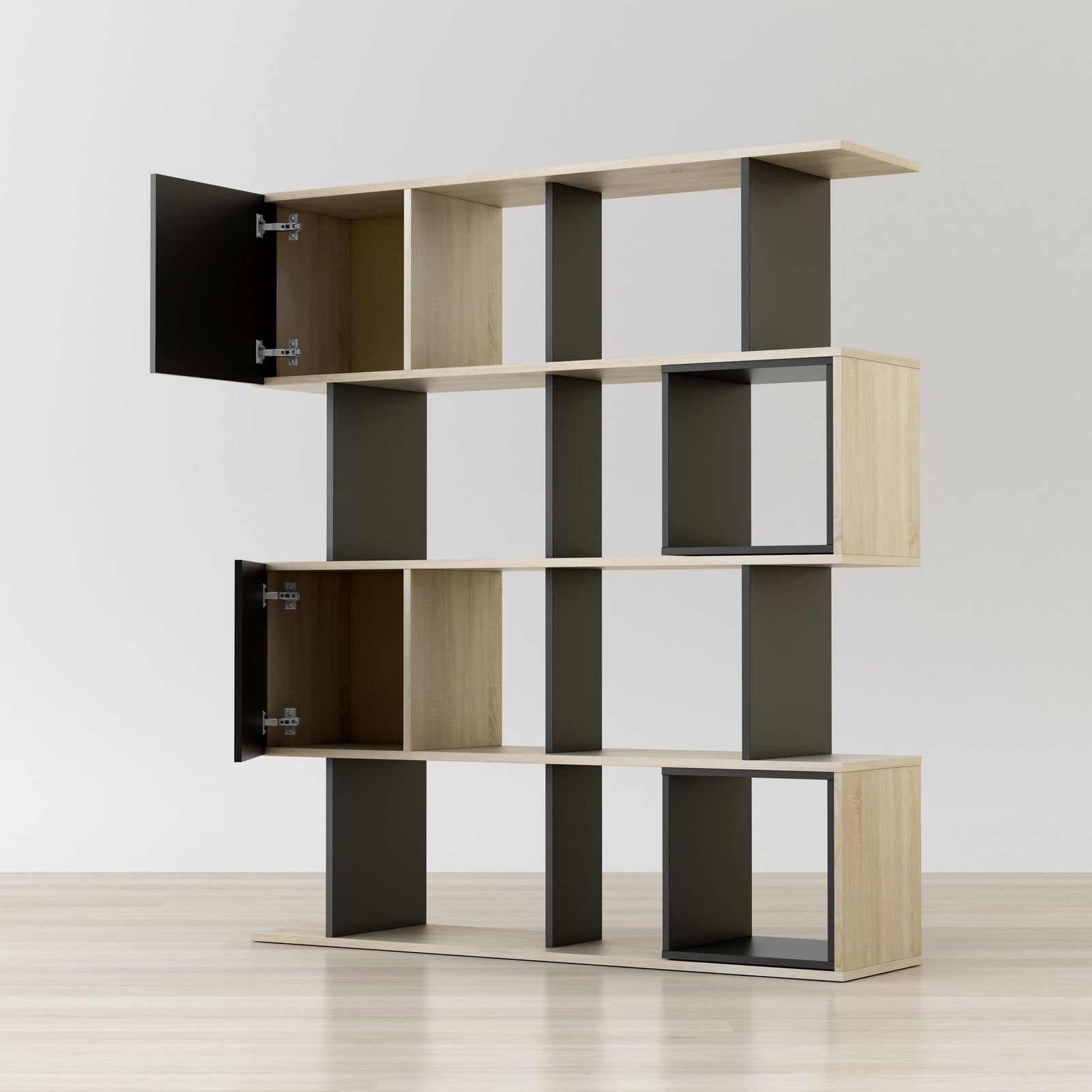 Modern bookshelf with geometric design in a minimalistic room