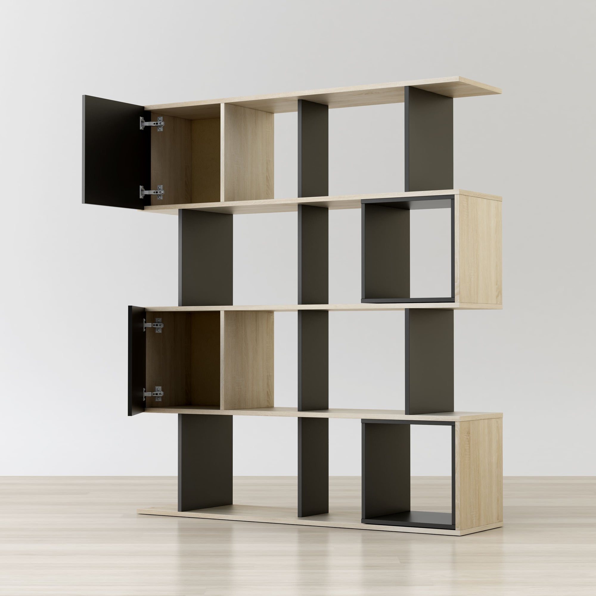 Modern bookshelf with geometric design in a minimalistic room