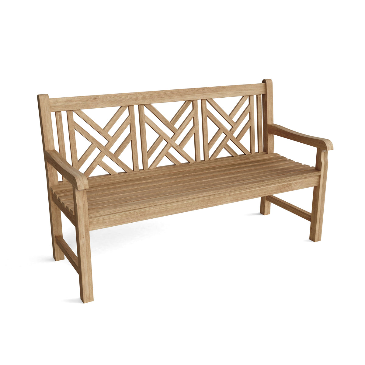 Wooden bench with lattice backrest on a white background