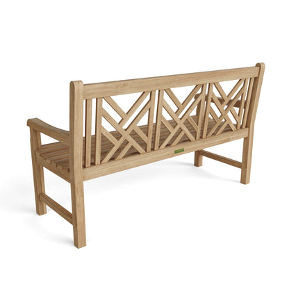 Wooden bench with intricate backrest design on a white background