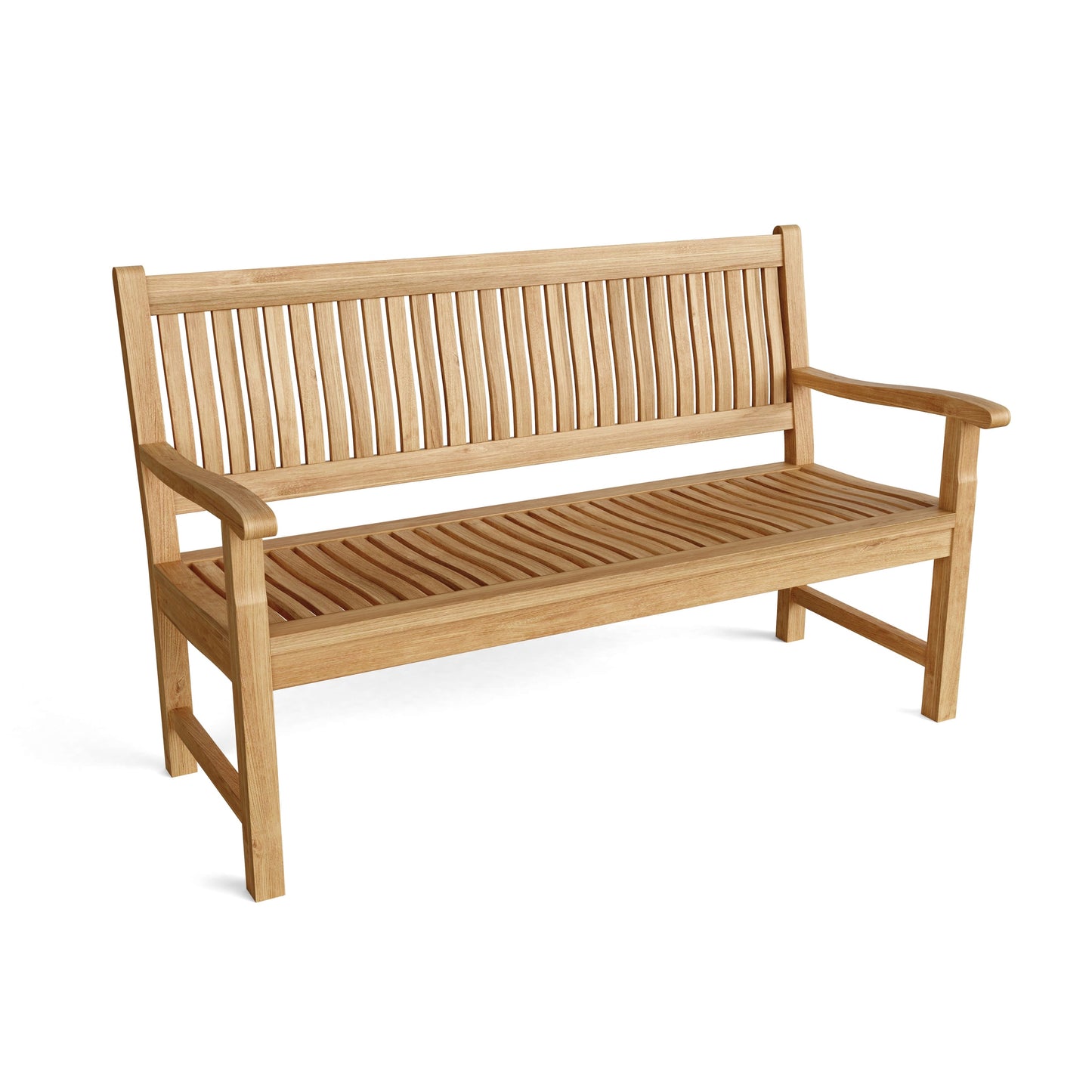 Wooden bench with slatted back and seat on a white background