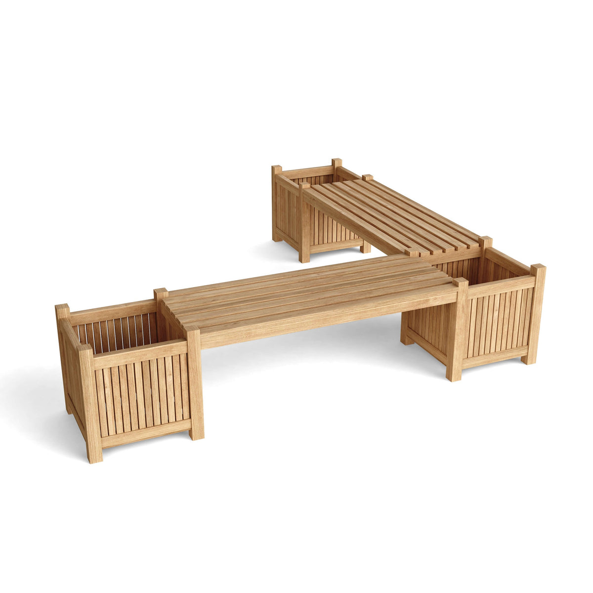 Wooden outdoor bench with planters on a white background