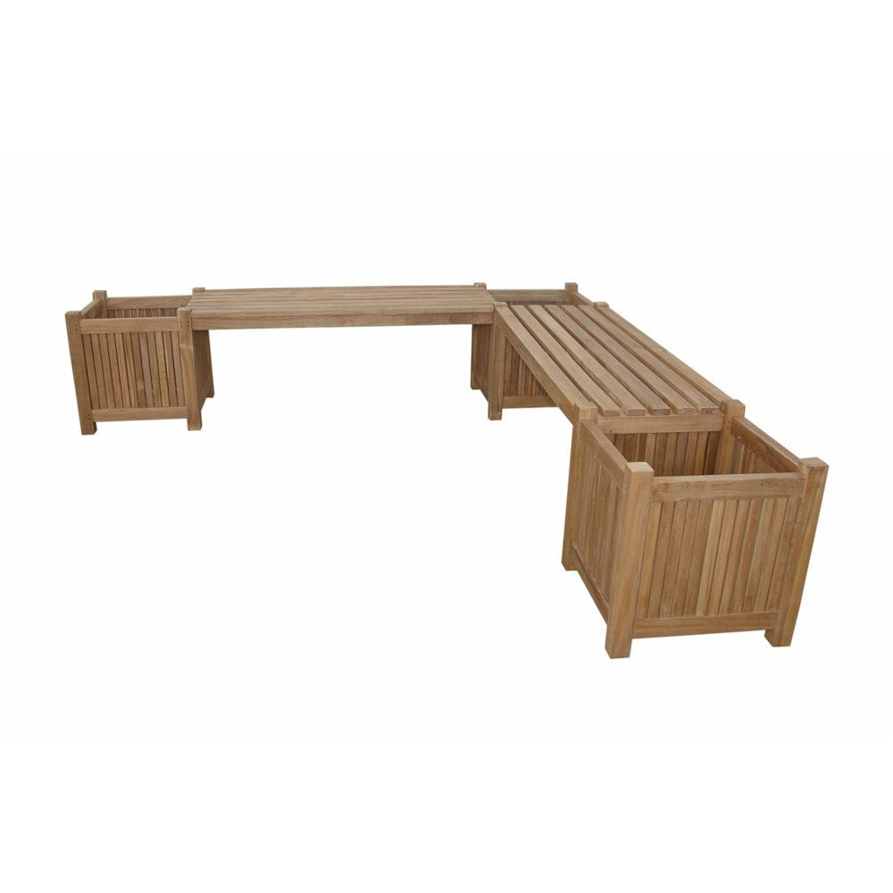 Wooden outdoor furniture set with L-shaped bench and planters on a white background