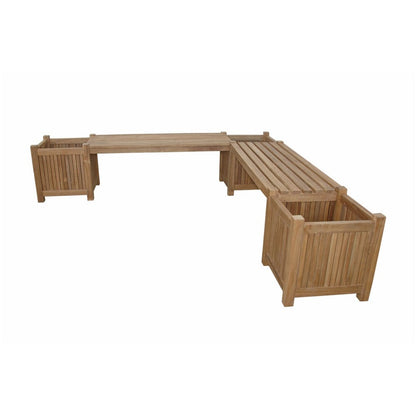 Wooden outdoor furniture set with L-shaped bench and planters on a white background