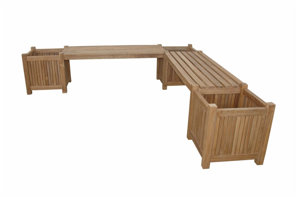 Wooden outdoor furniture set with L-shaped bench and planters on a white background