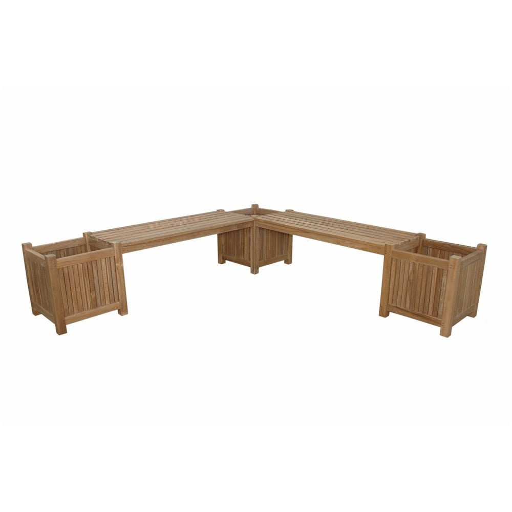 Wooden outdoor furniture set with bench and planters on a white background