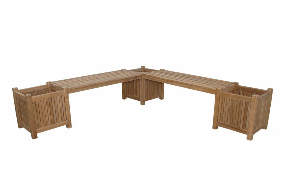 Wooden outdoor furniture set with bench and planters on a white background