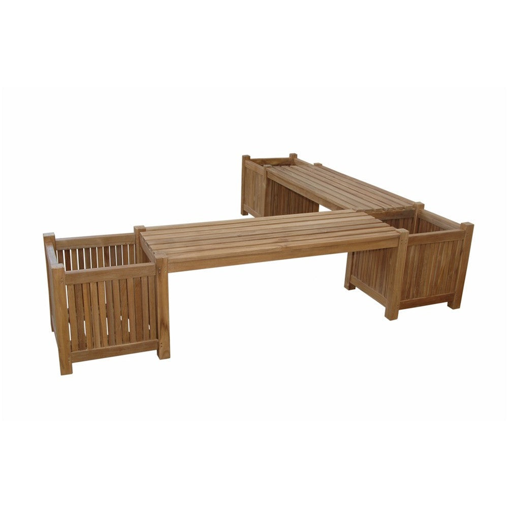 Wooden outdoor furniture set with benches and planters on a white background