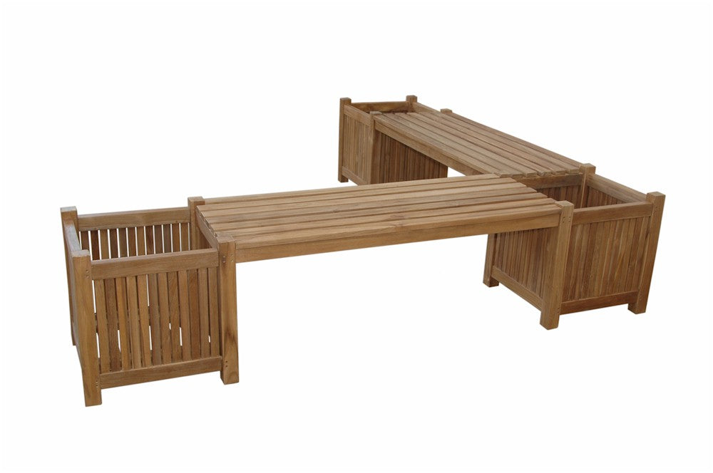 Wooden outdoor furniture set with benches and planters on a white background