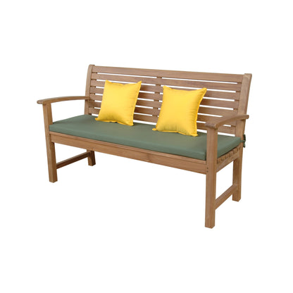 Wooden bench with green cushion and yellow pillows on a white background