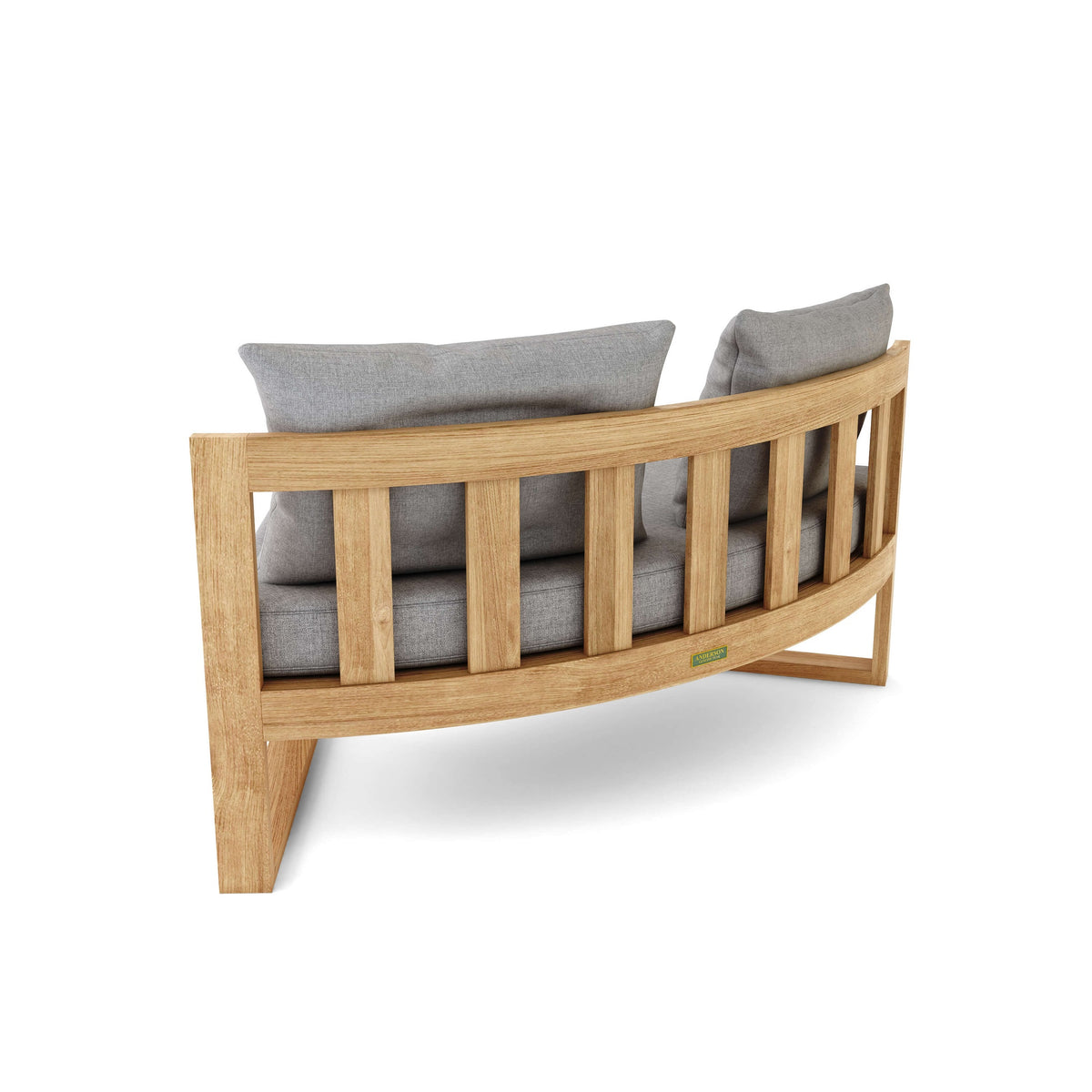 Wooden crib with gray cushions on a white background