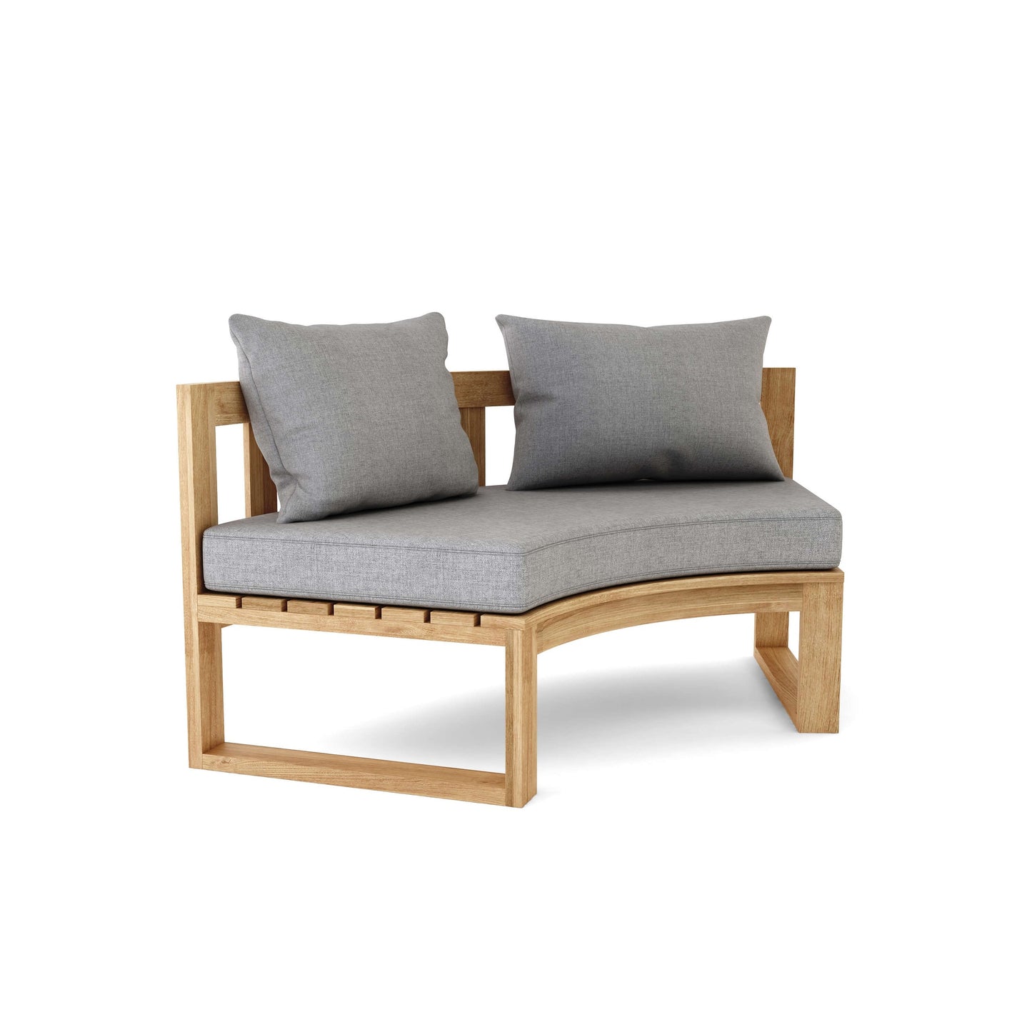 Wooden outdoor bench with gray cushions on a white background