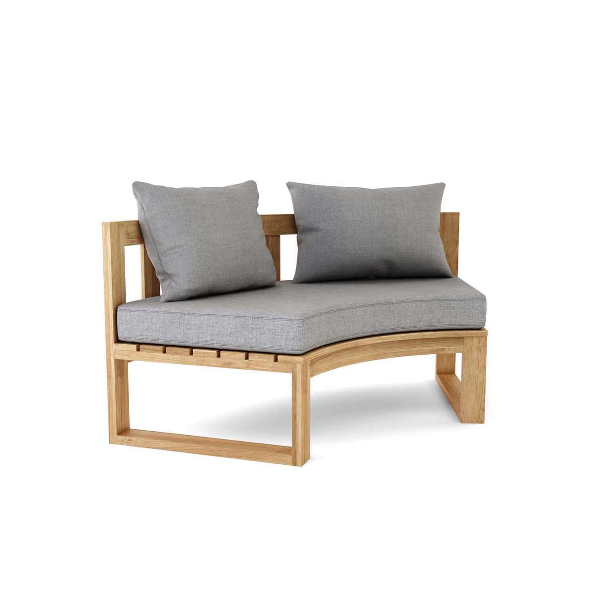 Wooden outdoor bench with gray cushions on a white background